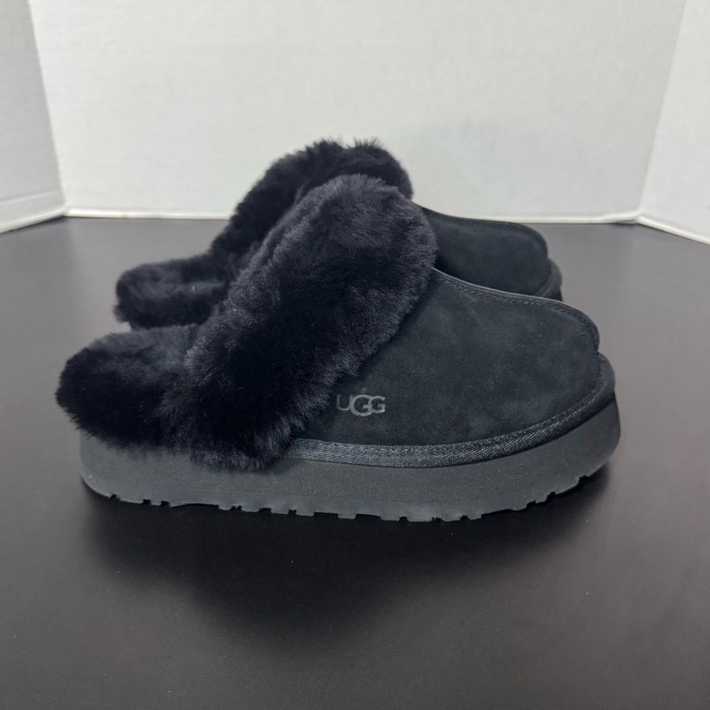 UGG Disquette Black Fuzzy Slippers